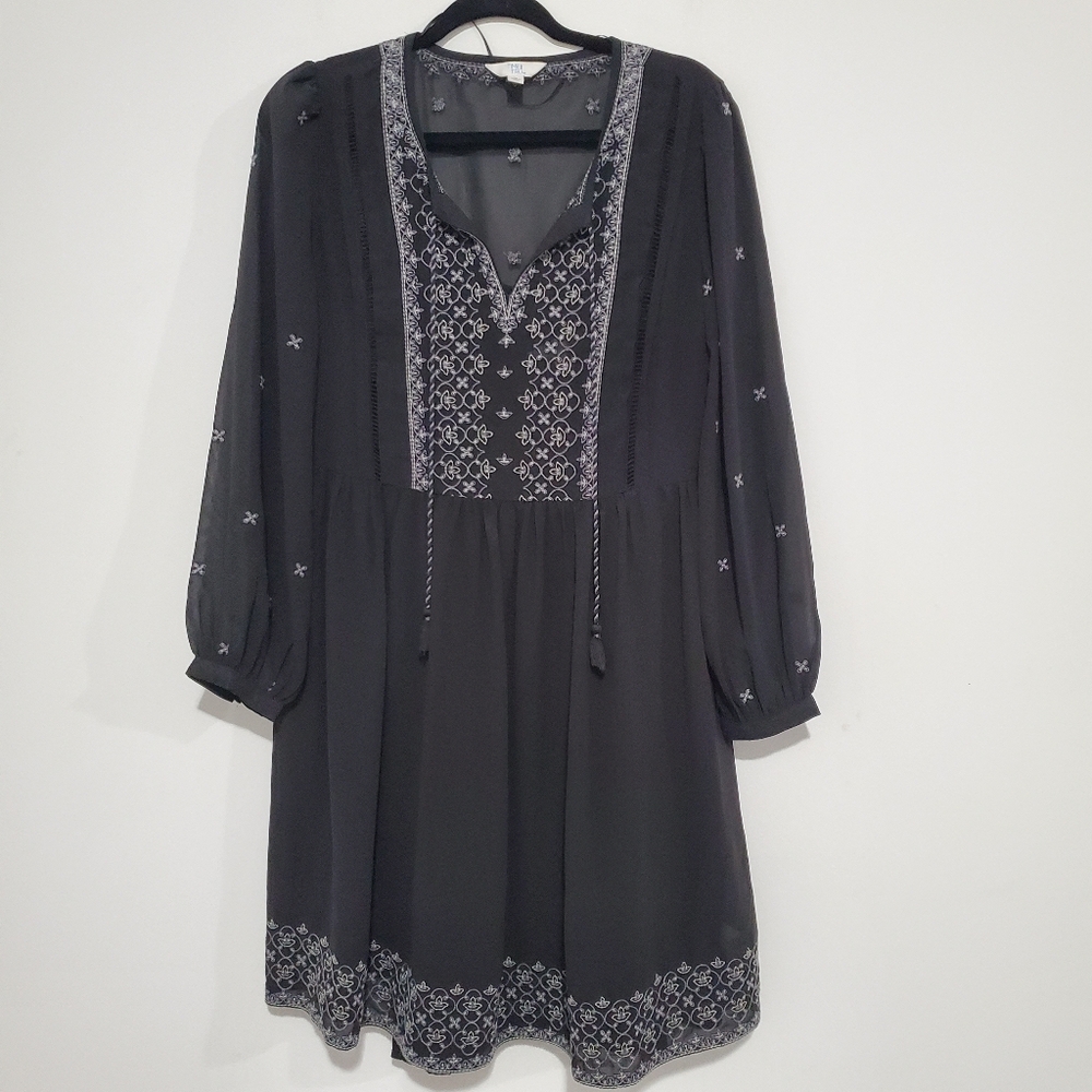 Time And Tru Elegant Black Boho Peasant Embroidered Sheer Lined Dress Sz M 8-10